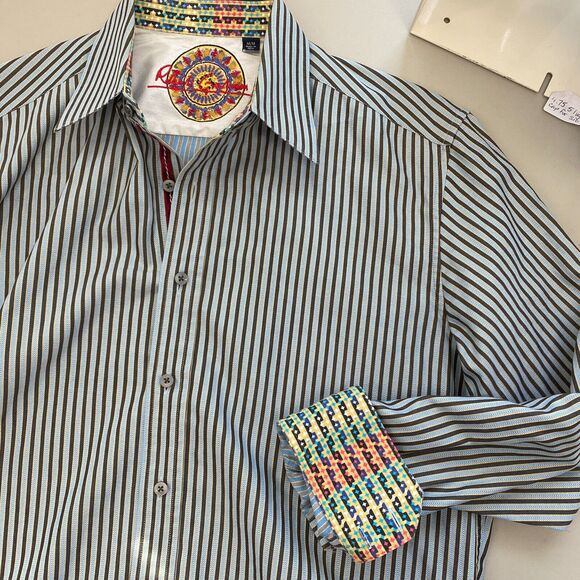 Robert Graham Button Up Shirt Men Medium Striped Blue Gray Velvet Trim Flip Cuff - Picture 9 of 16